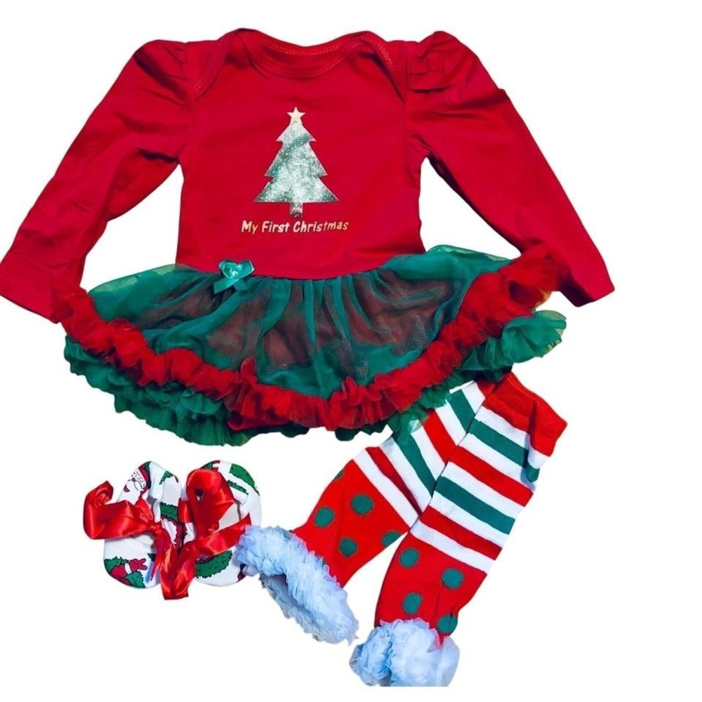 My First Christmas Outfit Baby Girl‎ 0-6M Red Green  Tutu Set